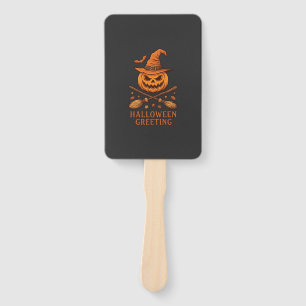 Halloween Greeting Pumpkin Witch Hat Crossed Broom Hand Fan