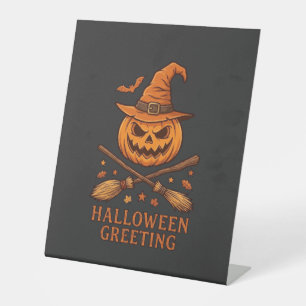 Halloween Greeting Pumpkin Witch Hat Crossed Broom Pedestal Sign