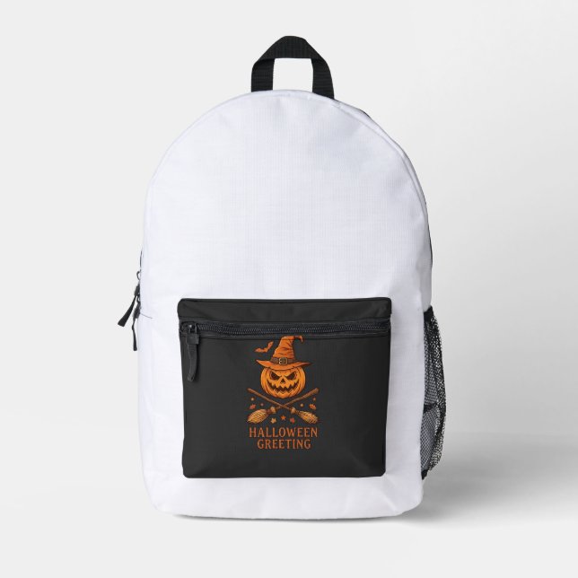 Halloween Greeting Pumpkin Witch Hat Crossed Broom Printed Backpack (Front)