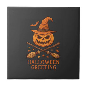 Halloween Greeting Pumpkin Witch Hat Crossed Broom Tile