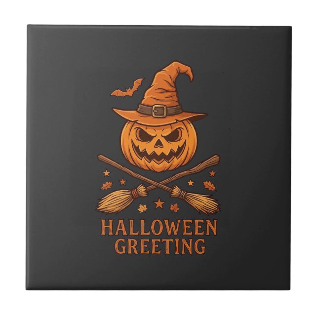 Halloween Greeting Pumpkin Witch Hat Crossed Broom Tile (Front)