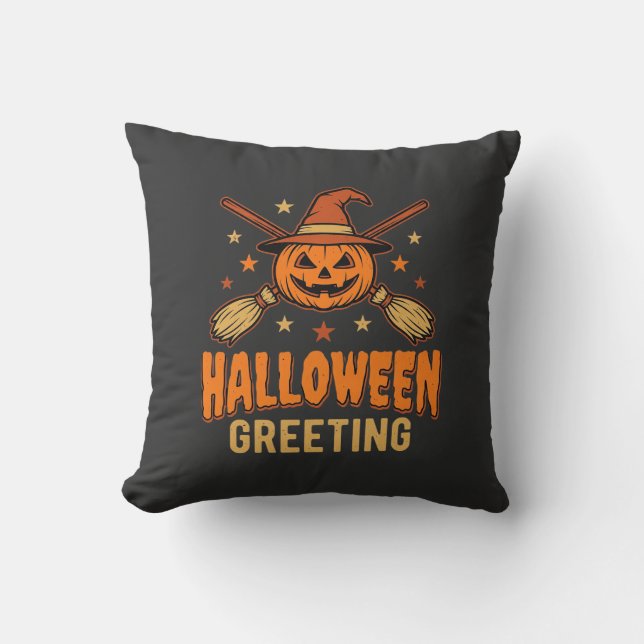 Halloween Greeting Witch Pumpkin Vintage Design Cushion (Front)