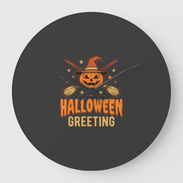 Halloween Greeting Witch Pumpkin Vintage Design Large Clock (Front)