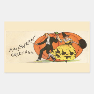 Halloween Greetings Dancing Couple Pumpkin Vintage Rectangular Sticker