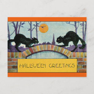Halloween Greetings, Two Black Cats, Postcard