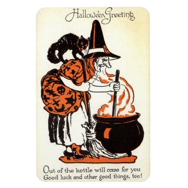 Hallowe'en Greetings Witch and Kettle Vintage Magnet (Vertical)