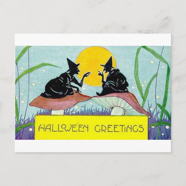 Halloween Greetings Witches on Mushrooms Postcard (Front)