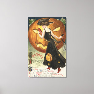 Halloween GreetingWitch Dancing and Pumpkin Canvas Print