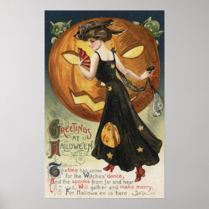 Halloween GreetingWitch Dancing and Pumpkin Poster