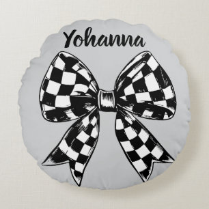 Halloween grey checked bows Coquette Round Pillow