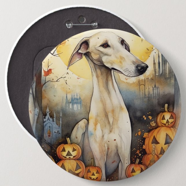Halloween Greyhound With Pumpkins Scary 6 Cm Round Badge (Front & Back)