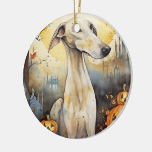 Halloween Greyhound With Pumpkins Scary Ceramic Tree Decoration