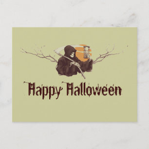 Halloween grim reaper death skeleton full moon postcard