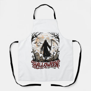 Halloween Grim Reaper Lantern Full Moon Tombstones Apron