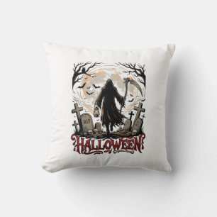 Halloween Grim Reaper Lantern Full Moon Tombstones Cushion