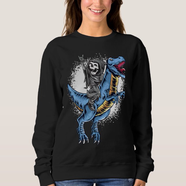 Halloween Grim Reaper Rocker Riding T Rex Dinosaur Sweatshirt (Front)