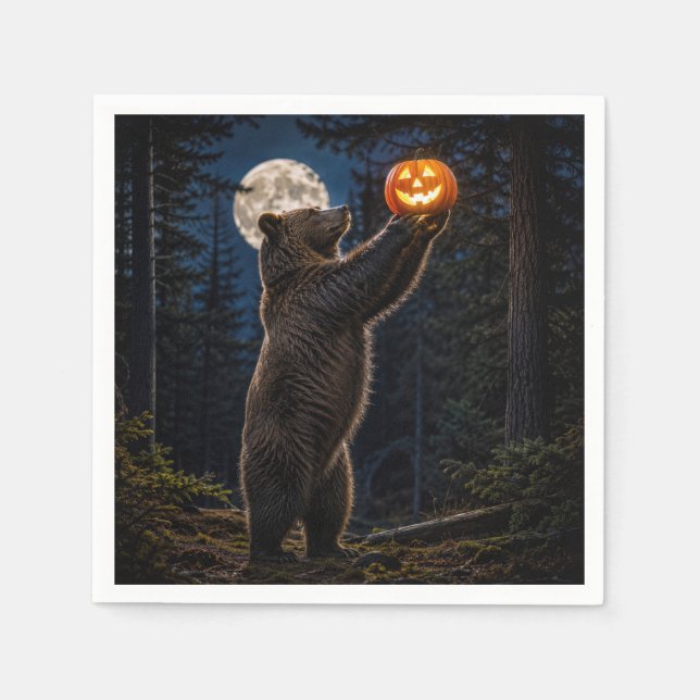 Halloween Grizzly Bear With Jack-o-Lantern Napkin (Front)