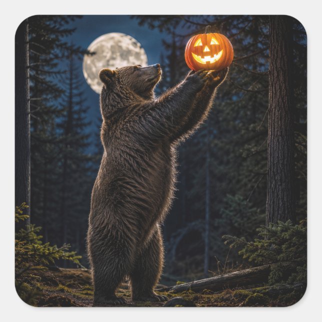 Halloween Grizzly Bear With Jack-o-Lantern Square Sticker (Front)