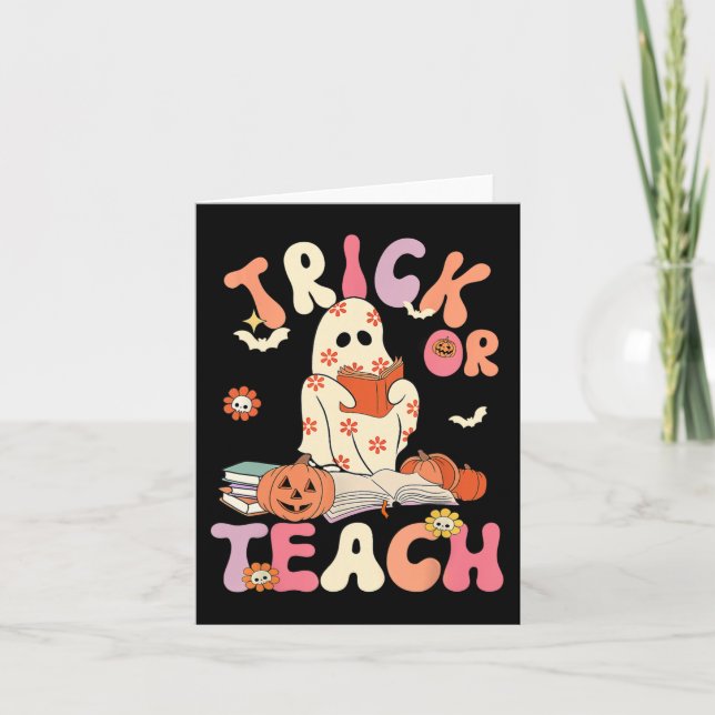 Halloween Groovy Trick or Teach Retro Floral Ghost Card (Front)