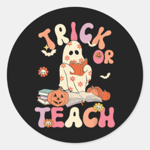 Halloween Groovy Trick or Teach Retro Floral Ghost Classic Round Sticker