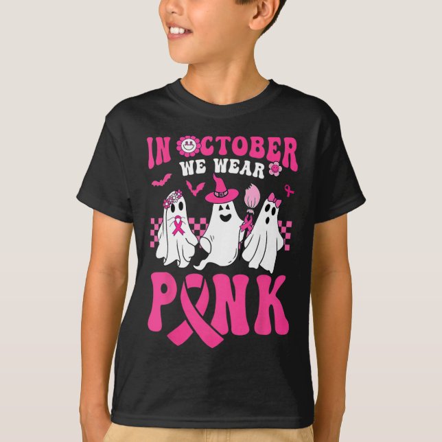 Halloween Groovy Wear Pink Breast Cancer Warrior C T-Shirt (Front)
