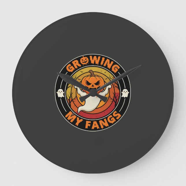 Halloween Growing My Fangs Ghost Pumpkin Large Clock (Front)