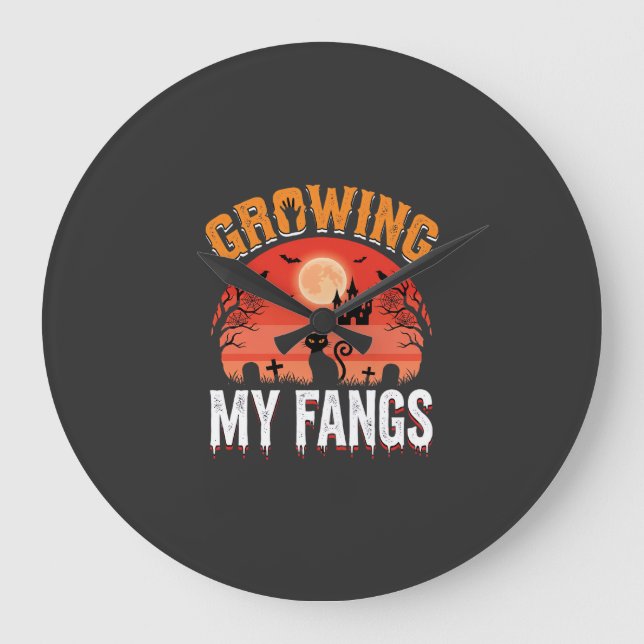 Halloween Growing My Fangs Haunted Cat Large Clock (Front)