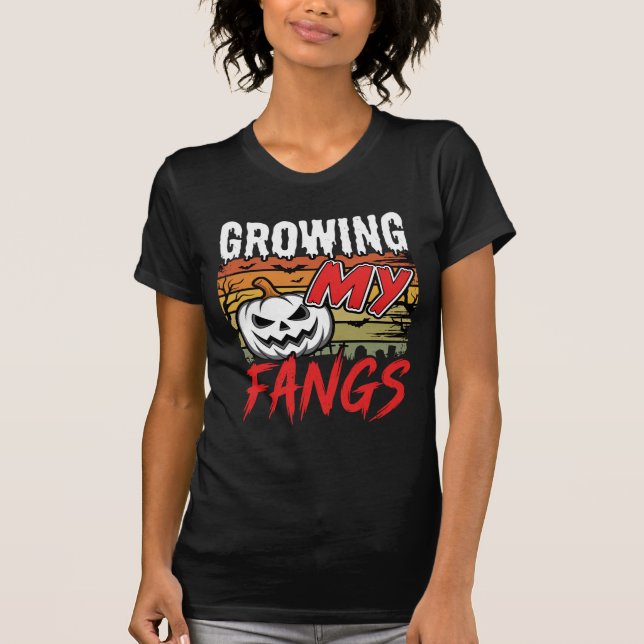Halloween Growing My Fangs Vampire Pumpkin T-Shirt (Front)