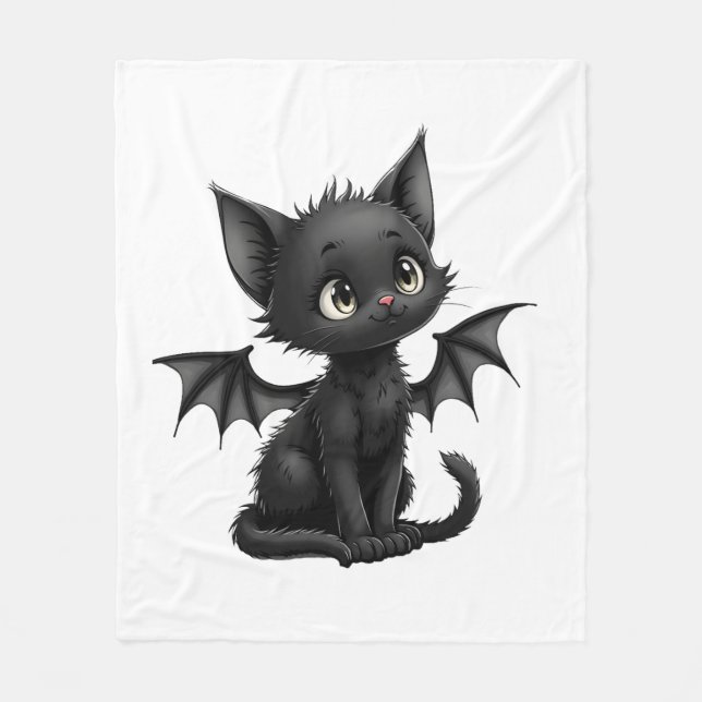 Halloween Grumpy Black Kitten In Bat Costume Fleece Blanket (Front)