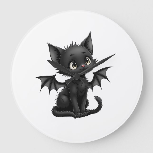 Halloween Grumpy Black Kitten In Bat Costume Large Clock (Front)