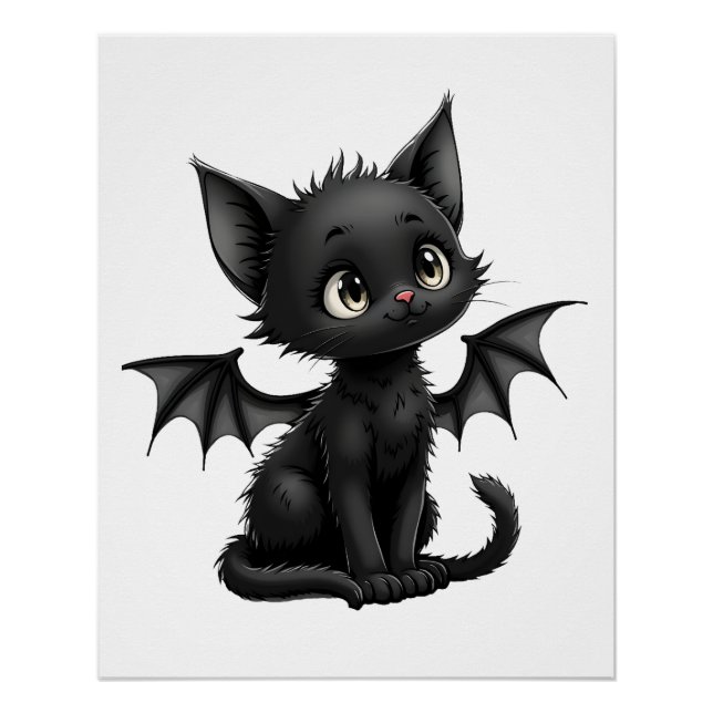 Halloween Grumpy Black Kitten In Bat Costume Poster (Front)