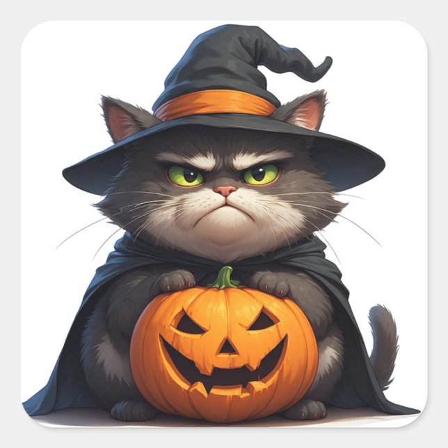 Halloween Grumpy Cat Holding Pumpkin Lantern 🎃 Square Sticker (Front)