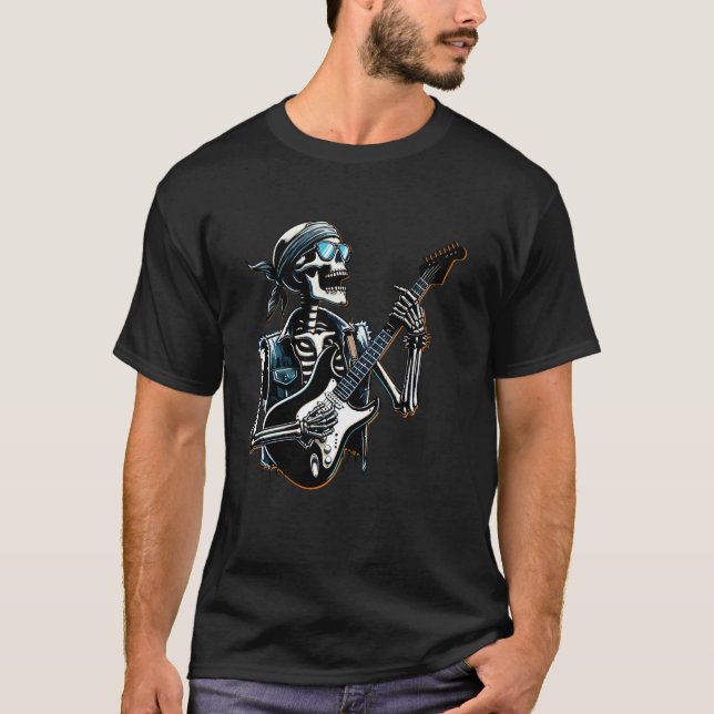Halloween Guitar Skeleton Tee Rock Skeleton Holdin (Front)