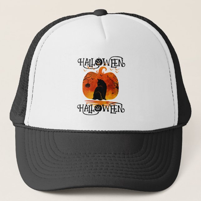  HALLOWEEN HALLOWEEN CAT BLACK PUMPKIN TRUCKER HAT (Front)