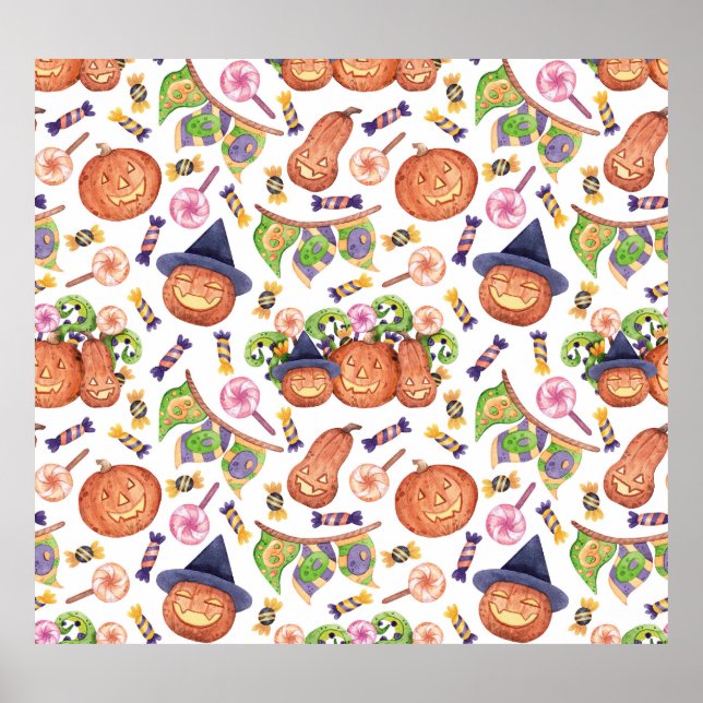 Halloween Hand-Drawn: Bright Watercolor Pattern Poster (Front)