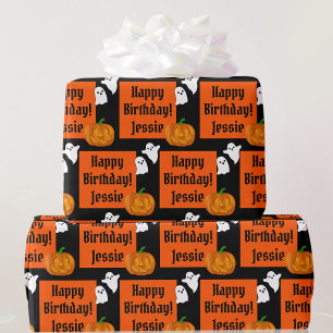 Halloween Happy Birthday Personalize Name Pumpkin Wrapping Paper