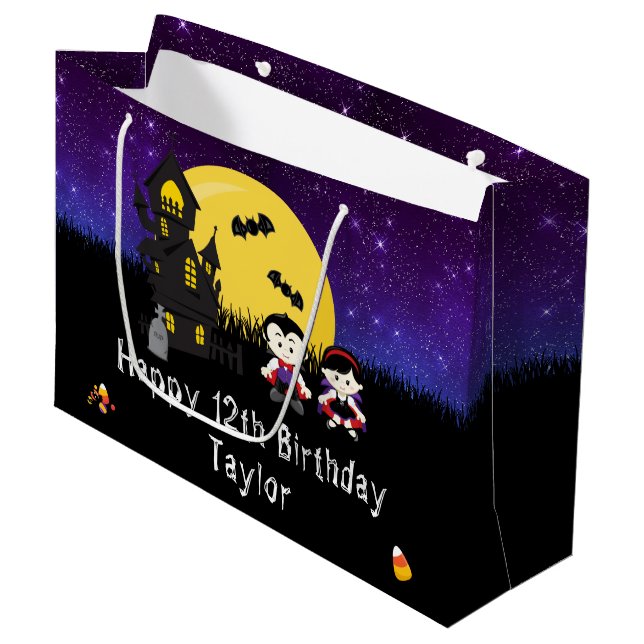 Halloween Happy Birthday Vampires Dark Purple Large Gift Bag (Front Angled)