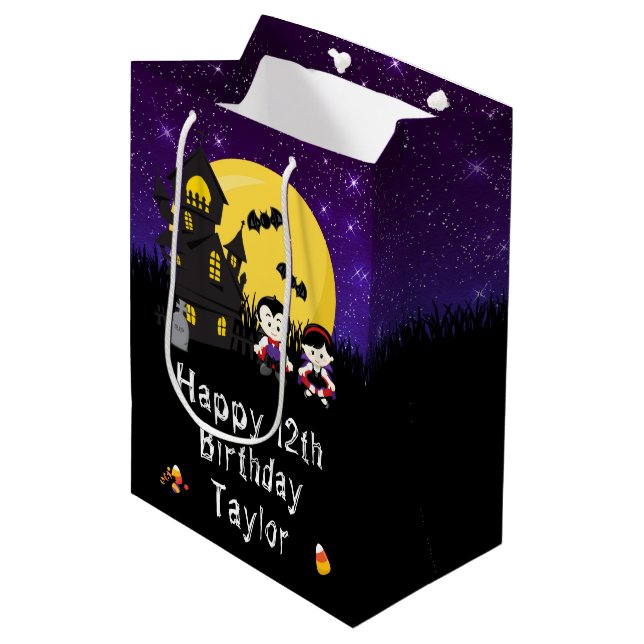Halloween Happy Birthday Vampires Purple Medium Gift Bag (Front Angled)