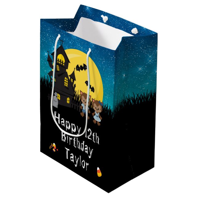 Halloween Happy Birthday Werewolf Blue Medium Gift Bag (Front Angled)