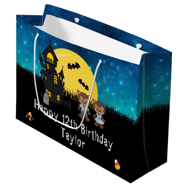 Halloween Happy Birthday Werewolf Dark Blue Large Gift Bag (Front Angled)