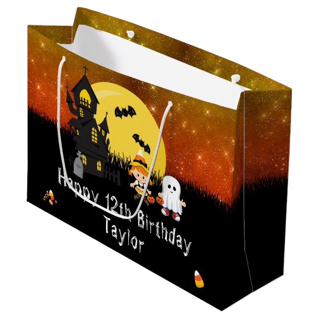 Halloween Happy Birthday Witch Ghost Dark Orange Large Gift Bag (Front Angled)