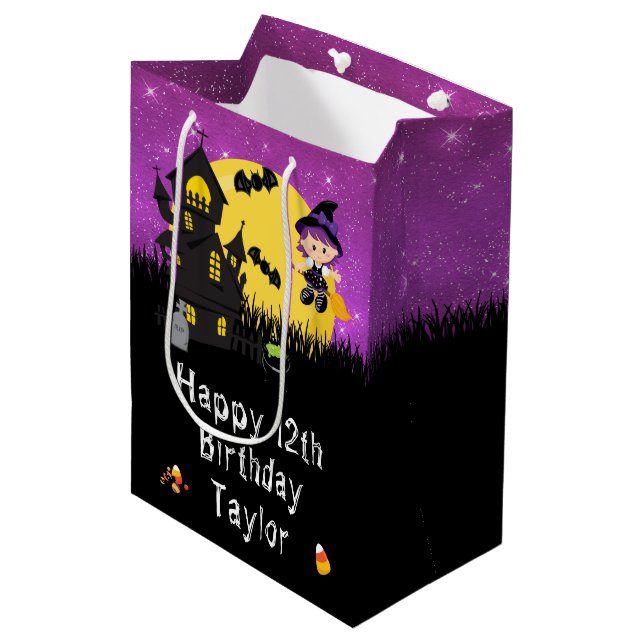 Halloween Happy Birthday Witch Purple Medium Gift Bag (Front Angled)
