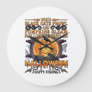 Halloween Happy Fishing Black Cats Pumpkins Crow A Large Clock
