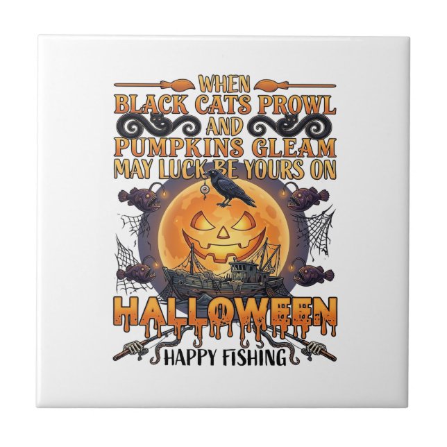 Halloween Happy Fishing Black Cats Pumpkins Crow A Tile (Front)