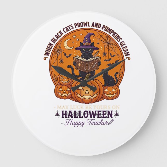 Halloween Happy Teacher Black Cat Witch Hat Pumpki Large Clock (Front)