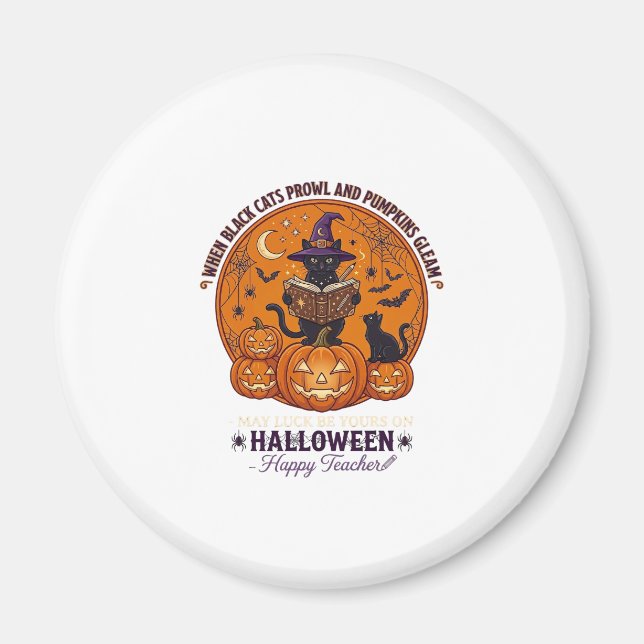 Halloween Happy Teacher Black Cat Witch Hat Pumpki Magnet (Front)