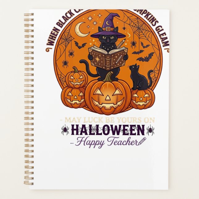 Halloween Happy Teacher Black Cat Witch Hat Pumpki Planner (Front)
