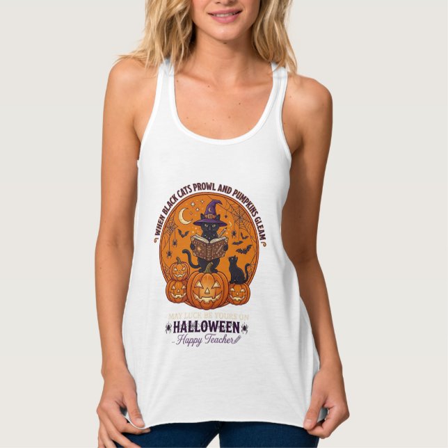 Halloween Happy Teacher Black Cat Witch Hat Pumpki Singlet (Front)