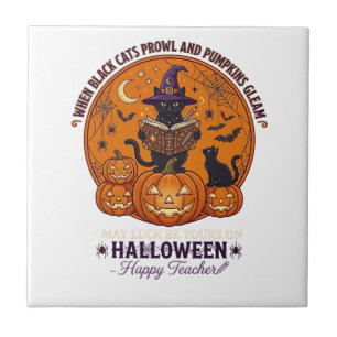 Halloween Happy Teacher Black Cat Witch Hat Pumpki Tile