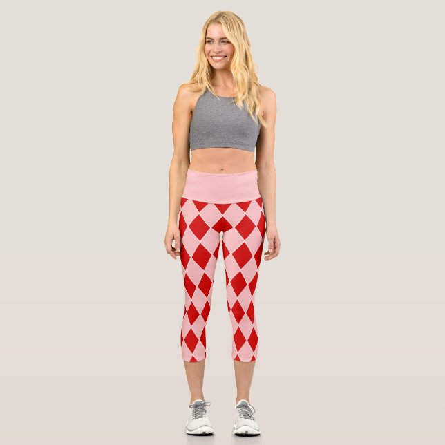 halloween harlequin pink red jester capri leggings (Front)